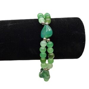 Double Strand Green Agate Stone Beaded Bracelet Silver Tone Accent Wrist Size 8